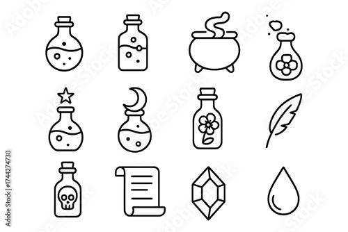 Alchemy icon set: potions, elixirs, and magic symbols in linear style