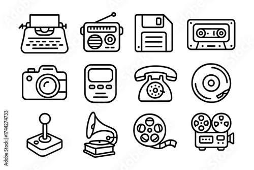 Retro gadget icons set featuring vintage electronics in bold linear style