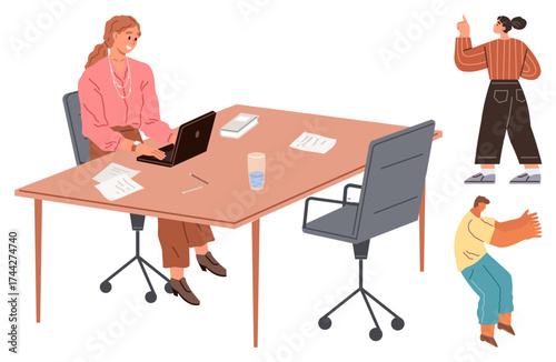 Woman working on laptop at desk with papers and coffee, colleagues engaging in discussion nearby. Ideal for teamwork, collaboration, workplace dynamics, remote work, productivity, decision-making