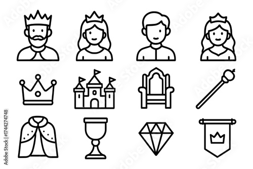 Royalty icon set with kings, queens, and regal symbols in linear style