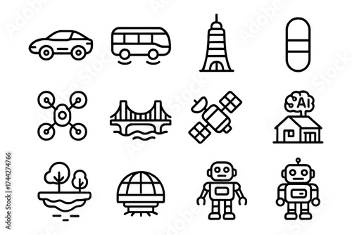 Minimalist line icons of vehicles, buildings, technology, and nature