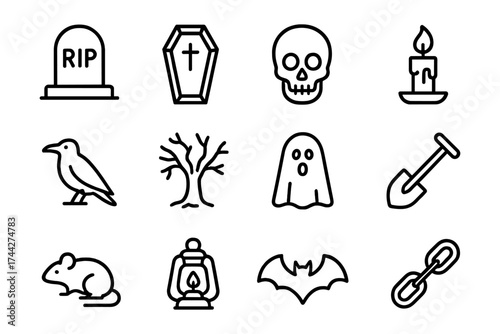 Line art halloween icons: spooky skull, ghost, bat, and more