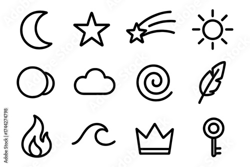 Simple outline symbols of natural elements and celestial bodies