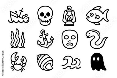 Nautical and marine icons: bold outlined nautical, skull, and sea life symbols
