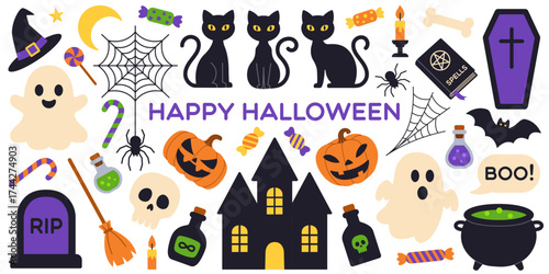 Bright Halloween set: haunted house, pumpkins, ghosts, cats, candy, spooky decorations. Festive holiday design for scrapbooking, celebration, card, party invitation, poster. Flat vector collection.