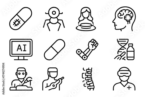 Medical and technology icons set: ai, robotics, dna, healthcare innovations, linear style