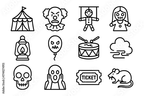 Halloween circus icons set featuring creepy clown, haunted puppet, and spooky tent