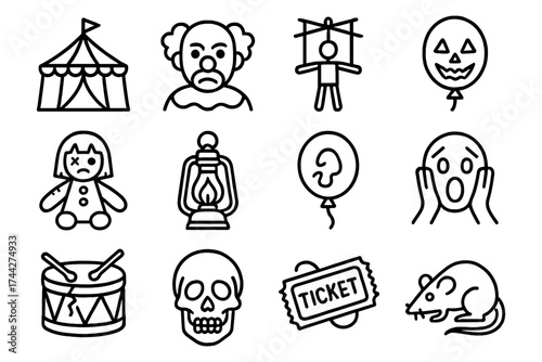 Creepy circus icons set: clown, puppet, skull, and more for halloween design projects