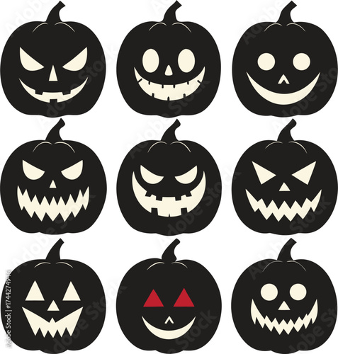 Collection of nine spooky black halloween pumpkins with glowing faces