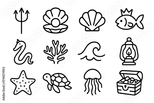 Nautical icons collection featuring marine creatures and treasures in outline style