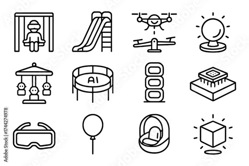 Collection of linear playground and technology icons including ai, drones, and more