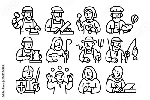 Medieval professions: blacksmiths, bakers, farmers, and more in playful line art style