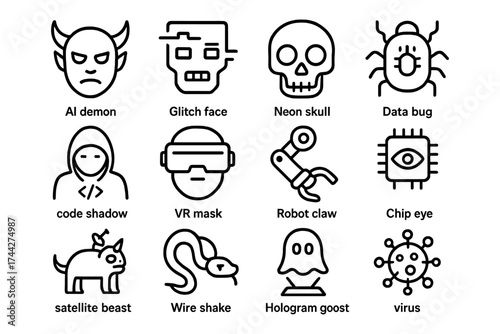 Futuristic tech icons featuring ai, glitch effects, and cyber elements