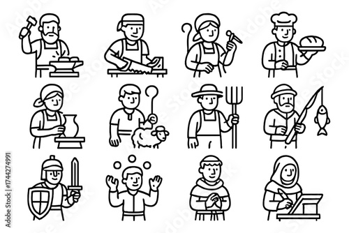 Medieval occupations: blacksmith, carpenter, baker, and more in minimalist line art