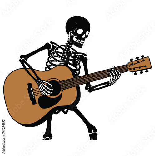 Humorous skeleton playing acoustic guitar in a lively performance on a white background on white background