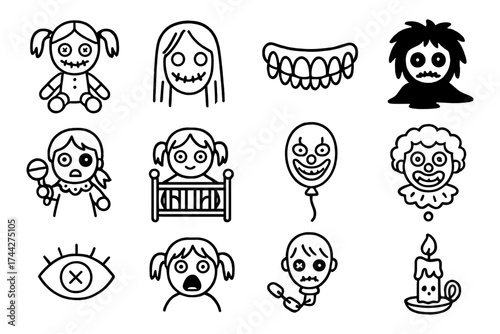 Creepy halloween icons: dolls, clowns, and spooky faces in black and white style