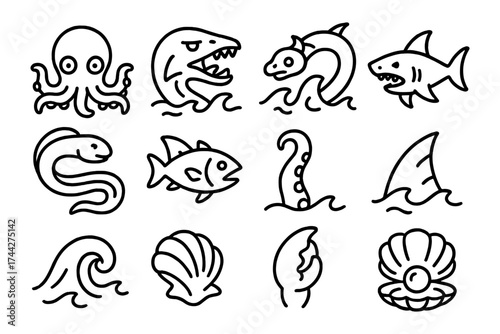 Set of nautical icons featuring sea creatures and shells in bold outline design