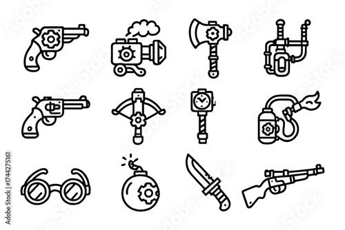 Steampunk icons set featuring weapons, gadgets, and tools in simplistic linear style