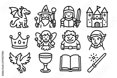 Whimsical fantasy icons featuring magical creatures, knight, and castle in line art