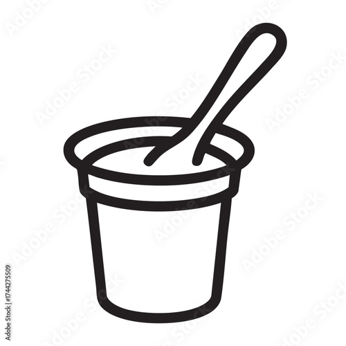 Simple hand drawn black and white line art illustration of a cup of yogurt with a spoon inside