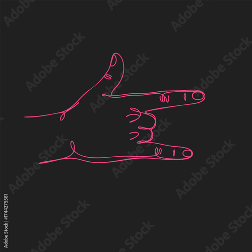 Minimalist neon line art of a hand making a finger gun gesture on a dark