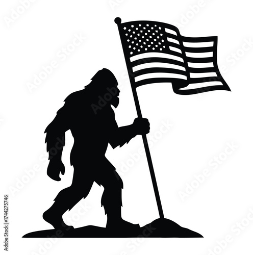 Silhouette of bigfoot holding an american flag in a patriotic illustration on white background
