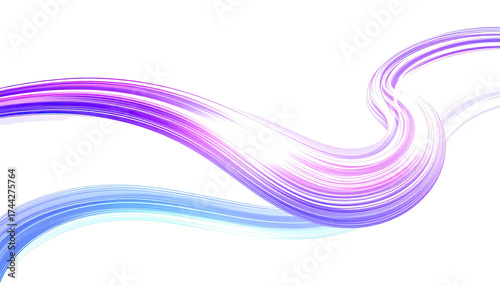 Abstract artwork of two intertwined flowing ribbons, gradients of blue and purple