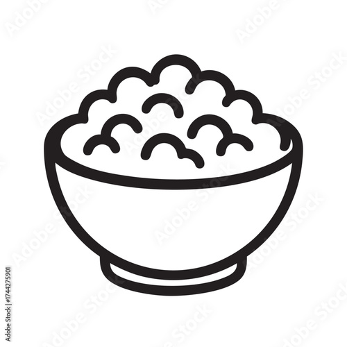 Simple black and white line art illustration of a bowl filled with fluffy popcorn perfect for food concepts