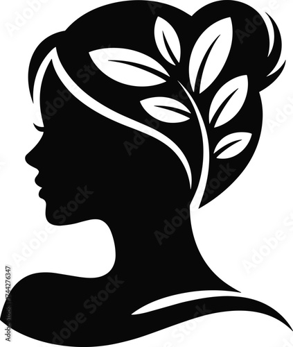 Black silhouette profile of a woman with leaves in her hair head face