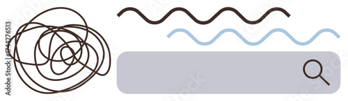 Tangled lines representing confusion, wavy lines symbolizing transition, and search bar with magnifier indicating finding clarity. Ideal for problem-solving, planning, focus, discovery, organization