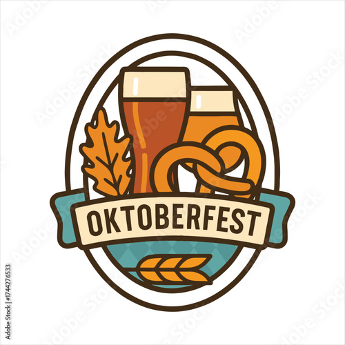 Oktoberfest beer glasses pretzel oak leaf emblem festive celebration design graphic vector