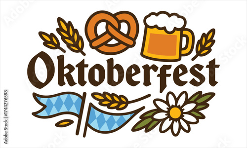 Oktoberfest celebration traditional elements beer pretzel wheat flower bavarian flag design vector