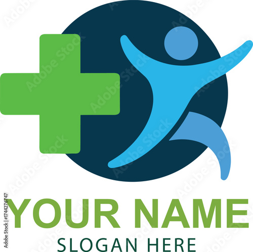 Green cross and blue person logo with text placeholders figure