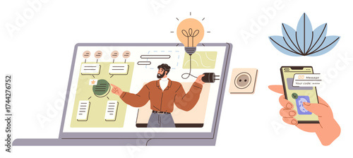 Man explaining energy-saving strategies on laptop screen, hand using smartphone app, plug and lightbulb symbolizing power. Ideal for energy efficiency, education, technology, smart home, innovation