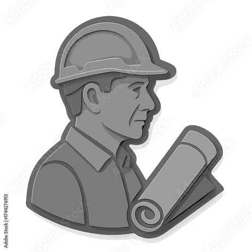 Architect icon in 3d style: professional designer with blueprints and hard hat