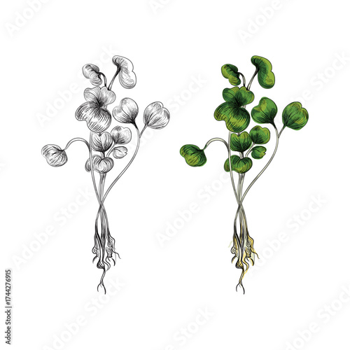 Arugula microgreens hand drawing vector illustration 