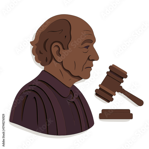 3d paper cut style judge portrait with gavel in brown tones
