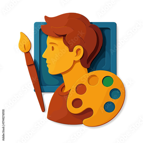 Colorful creative artist portrait with palette and paintbrush in modern 3d paper art style