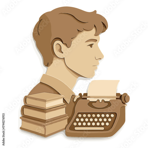 Vintage paper cut art of writer with typewriter and books