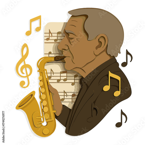 Paper cut style elderly saxophonist with musical notes and sheet music