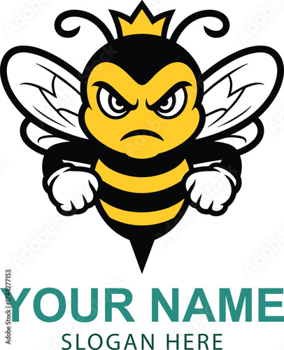 Angry cartoon bee wearing a crown with clenched fists insect furious