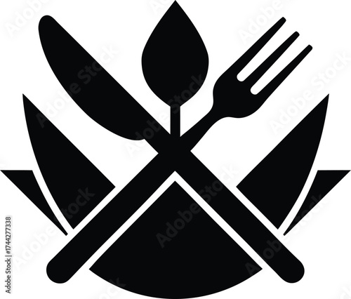 Elegant black silhouette of crossed cutlery and napkin forming a crown