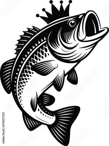 Black and white illustration of a bass fish wearing a crown vector
