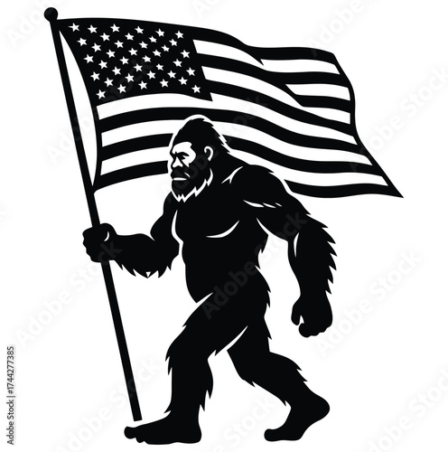 Silhouette of bigfoot carrying american flag waving in the wind design vector on white background