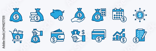 Set of budget icon. Financial management budgeting. Money, savings, loan, monthly shopping calendar, calculation, growth graph, check, list, wallet, debt, debit card, investment - vector illustration