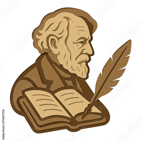 Vintage literary portrait in layered paper art style with quill and book