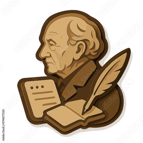 Vintage paper art of historical writer with feather pen and book