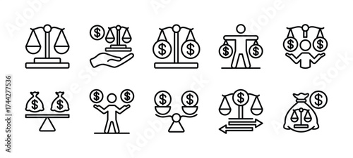 Financial balance thin line icon set. Earnings scale, income and expenditure of money, accountant, financial audit, law, management, justice, measurement, accounting - vector illustration