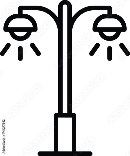 Black line art double headed street lamp with light rays pole post