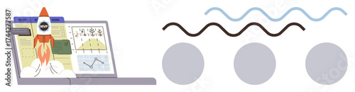 Rocket lifting off laptop with graphs, three dots, and wavy lines reflecting growth, innovation, or strategy. Ideal for technology, business, analytics, startup achievement planning success